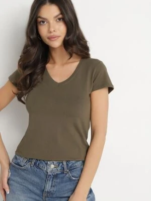 Ciemnozielony T-shirt z Bawełny z Dekoltem w Serek Liniviela basic