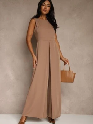 Ciemnobeżowy Taliowany Kombinezon Ozdobiony Zakładkami Berinola lovery