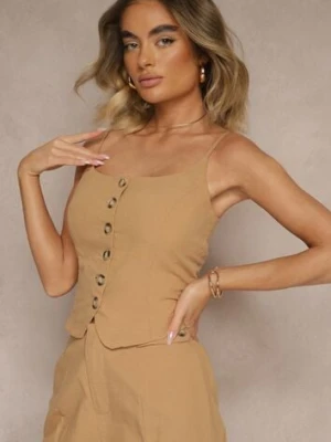 Ciemnobeżowy Top Zapinany na Guziki z Bawełną na Cienkich Ramiączkach Divilna retro & icone