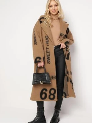 Ciemnobeżowy Wełniany Płaszcz w Ozdobny Nadruk Yemanella lily rose