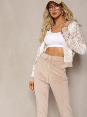 Ciemnobeżowy Welurowy Komplet Dresowy z Wzorzystą Bluzą z Kapturem i Joggerami Rouviana