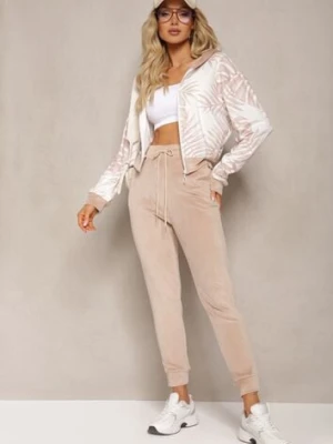 Ciemnobeżowy Welurowy Komplet Dresowy z Wzorzystą Bluzą z Kapturem i Joggerami Rouviana