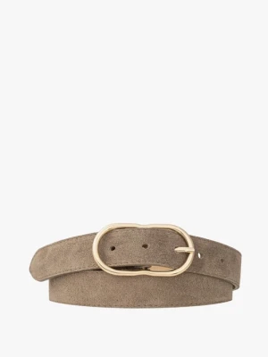 Ciemnobeżowy welurowy pasek damski ze złotą klamrą Ryłko