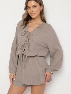 Ciemnobeżowy Wiązany Bawełniany Kombinezon Boho z Falbankami i Wiązaniem Lalelia jumelle