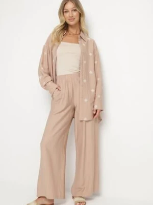 Ciemnobeżowy Wiskozowy Komplet z Koszulą z Haftem i Szerokimi Spodniami Thannora