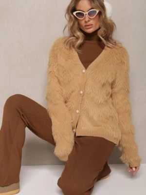 Ciemnobeżowy Zapinany Kardigan na Guziki z Puchatego Materiału Ralioppe wei wei