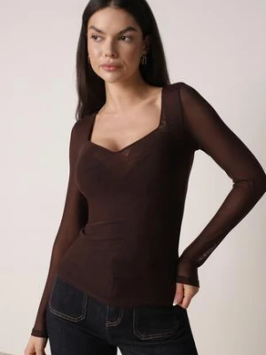 Ciemnobrązowa Bluzka Siateczkowa z Wiskozą z Długim Rękawem i Dekoltem w Serce Elanne