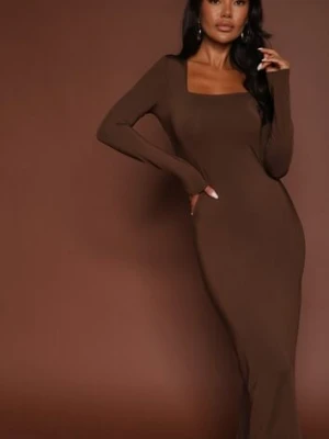 Ciemnobrązowa Dopasowana Sukienka Maxi z Kwadratowym Dekoltem Fioral lovery