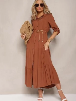 Ciemnobrązowa Koszulowa Sukienka Maxi z Bawełny Junira