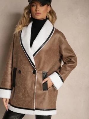 Ciemnobrązowa Marynarkowa Kurtka Biker z Futerkiem Typu Baranek Salethiel ann gissy