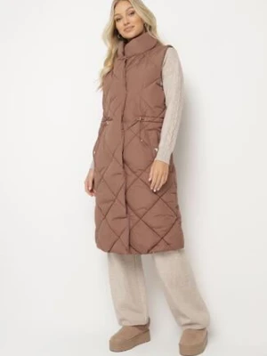 Ciemnobrązowa Pikowana Kamizelka o Długim Kroju ze Stójką i Kieszeniami Avatheia j.style