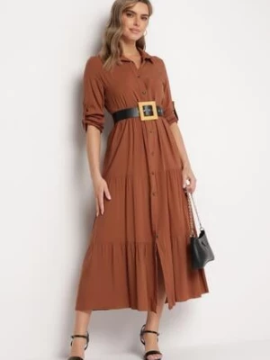 Ciemnobrązowa Rozkloszowana Sukienka Maxi z Bawełny w Koszulowym Stylu Onecca