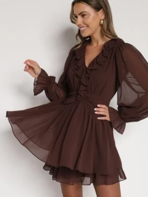 Ciemnobrązowa Rozkloszowana Sukienka z Falbankami i Siateczkowymi Rękawami Zennisa