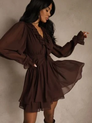 Ciemnobrązowa Siateczkowa Sukienka o Rozkloszowanym Fasonie z Falbankami Zenniria