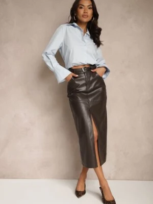 Ciemnobrązowa Spódnica z Ekoskóry o Ołówkowym Kroju z Wysokim Stanem Rozcięciem i Paskiem Zeleeti elsa.m by may