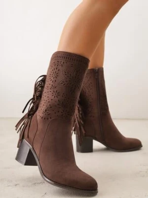 Ciemnobrązowe Ażurowe Botki Typu Kowbojki ze Skórzaną Wkładką Ozdobione Frędzlami Ceziva m.daszynski