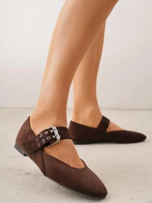 Ciemnobrązowe Balerinki Vices w Krowie Łaty ze Skórzaną Wkładką i Szerokim Paskiem ze Sprzączką Rilucea
