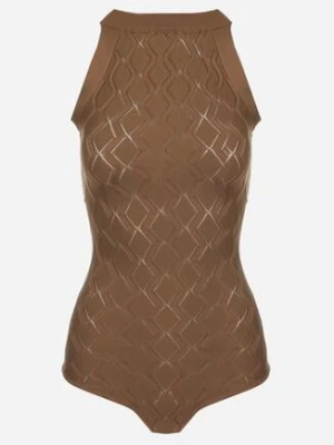 Ciemnobrązowe Body z Wiskozy o Tłoczonej Fakturze Idolina