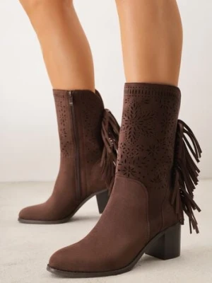 Ciemnobrązowe Botki Ażurowe Kowbojki z Wkładką ze Skóry Nauralnej i Frędzlami Cezive m.daszynski