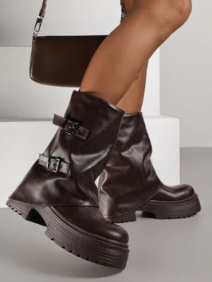 Ciemnobrązowe Botki Biker Vices z Wywiniętą Cholewką Platformą i Klamrami Reinila