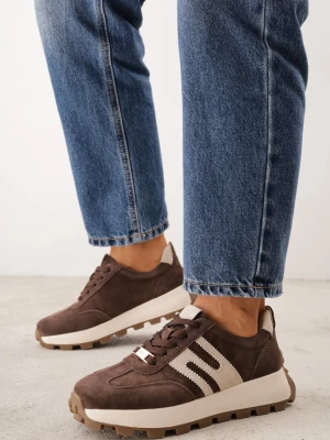 Ciemnobrązowe Chunky Sneakersy z Zamszu Naturalnego na Platformie z Bieżnikiem Ezze Goodin Brązowy