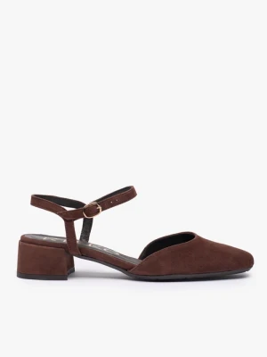 Ciemnobrązowe czółenka slingback na niskim słupku Ryłko