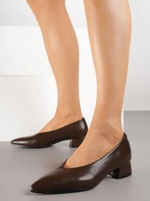 Ciemnobrązowe Czółenka Vices na Niskim Słupku ze Skórzaną Wkładką Rilenela