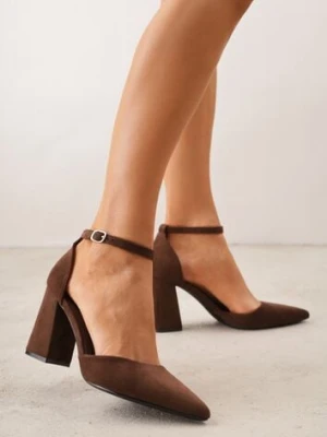 Ciemnobrązowe Czółenka z Imitacji Zamszu na Słupkowym Obcasie ze Szpiczastym Noskiem Hadina