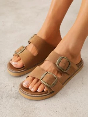 Ciemnobrązowe Klapki VICES z Dwoma Paskami i Metalicznymi Klamrami Kaliniassi