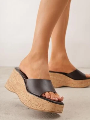 Ciemnobrązowe Klapki VICES z Kwadratowym Noskiem na Koturnie z Imitacji Korka Cordereida