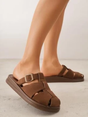 Ciemnobrązowe Klapki z Paskami i Kwadratową Sprzączką Olyndar mulanka