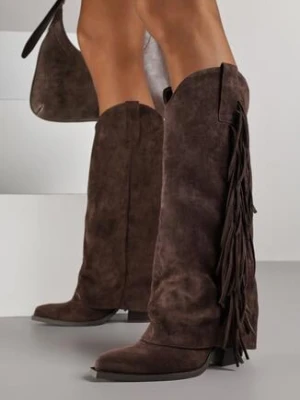 Ciemnobrązowe Kozaki Kowbojki na Obcasie z Wywiniętą Cholewką z Frędzlami Monasatia marquiiz