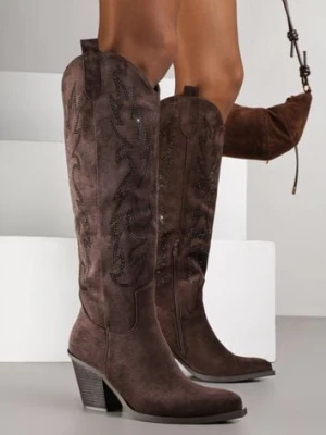 Ciemnobrązowe Kozaki Kowbojki na Stożkowym Obcasie Zdobione Cyrkoniami Nalera marquiiz