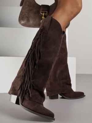 Ciemnobrązowe Kozaki Kowbojki na Stożku z Cholewką Imitującą Nogawkę z Frędzlami Monettea