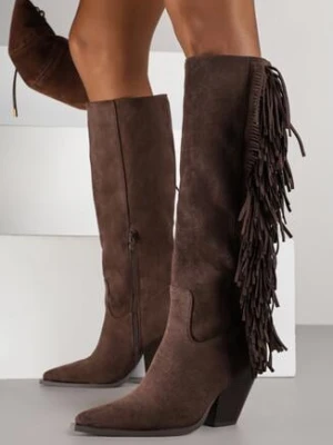 Ciemnobrązowe Kozaki Kowbojki na Stożku z Imitacji Zamszu Zdobione Frędzlami Rabella ideal