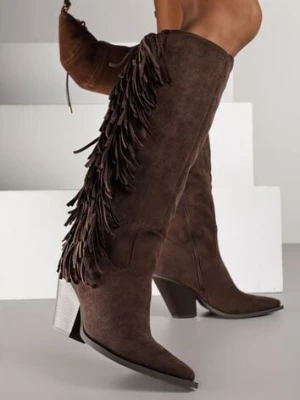 Ciemnobrązowe Kozaki Kowbojki z Imitacji Zamszu z Frędzlami i Stożkowym Obcasem Rafilea ideal