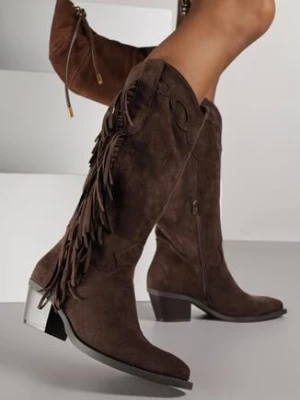 Ciemnobrązowe Kozaki Typu Kowbojki na Stożkowym Obcasie z Frędzlami Reissana marquiiz