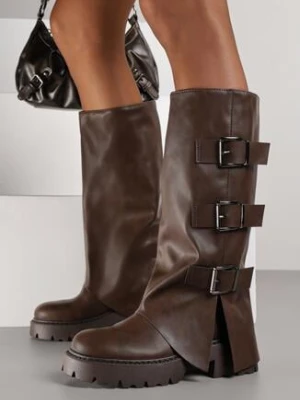 Ciemnobrązowe Kozaki VICES z Cholewką Imitującą Nogawkę z Klamrami Analeria