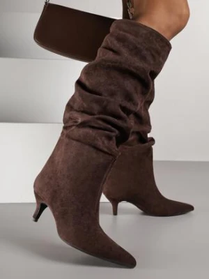 Ciemnobrązowe Marszczone Kozaki na Obcasie Typu Kaczuszka Alevitte