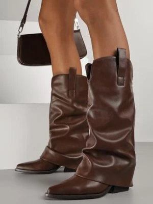 Ciemnobrązowe Marszczone Kozaki Typu Kowbojki na Stożkowym Obcasie z Wywiniętą Cholewką Esvela ballada