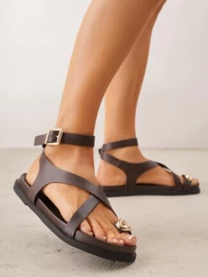 Ciemnobrązowe Sandały Japonki VICES z Metaliczną Aplikacją i Paskiem na Duży Palec Zellanya