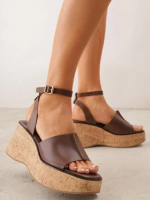 Ciemnobrązowe Sandały VICES na Koturnie z Imitacji Korka z Paskiem wokół Kostki Kelania