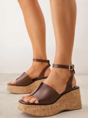 Ciemnobrązowe Sandały z Klamerką VICES na Koturnie Stylizowanym na Drewniany Lynnoris