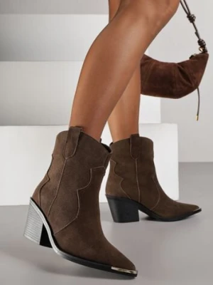 Ciemnobrązowe Skórzane Botki Kowbojki z Metaliczną Aplikacją na Nosku Saneara ideal