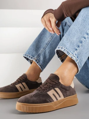 Ciemnobrązowe Skórzane Sneakersy w Stylu Tenisówek z Geometrycznym Wzorem Halossea Goodin Brązowy