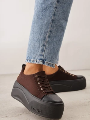 Ciemnobrązowe Sneakersy VICES na Grubej Podeszwie z Napisem Zelka Brązowy