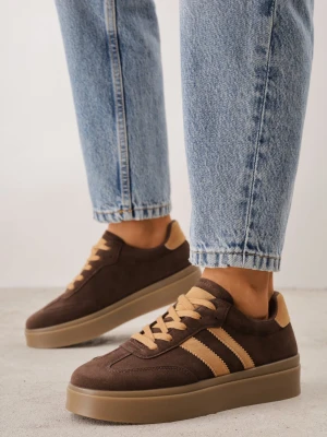 Ciemnobrązowe Sneakersy VICES Typu Tenisówki na Platformie z Paskami po Bokach Zidilla Brązowy