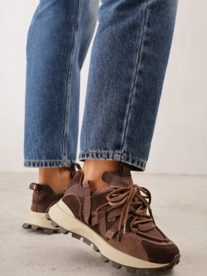 Ciemnobrązowe Sneakersy z Zamszem Naturalnym i Tasiemkami na Podeszwie z Bieżnikiem Nisu Goodin Brązowy