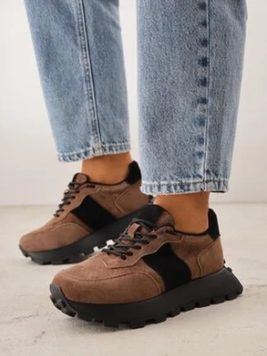 Ciemnobrązowe Sneakersy z Zamszu Naturalnego z Perforacją na Grubej Podeszwie Cezarisse goodin