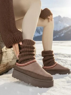 Ciemnobrązowe Śniegowce Ocieplone na Platformie z Ozdobnym Wyszywaniem Reitenna ballada